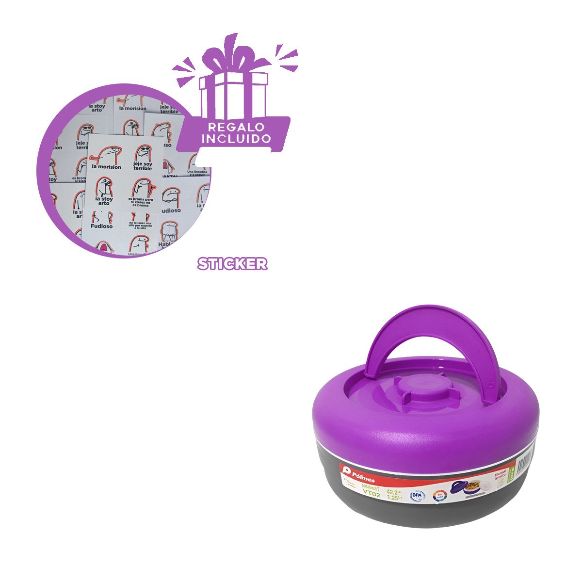 ENVASE CIRCULAR 1.25L MORADO Y PLOMO PARA LLEVAR ALMUERZO ORDENADO Y+REGALO STICKER - 1