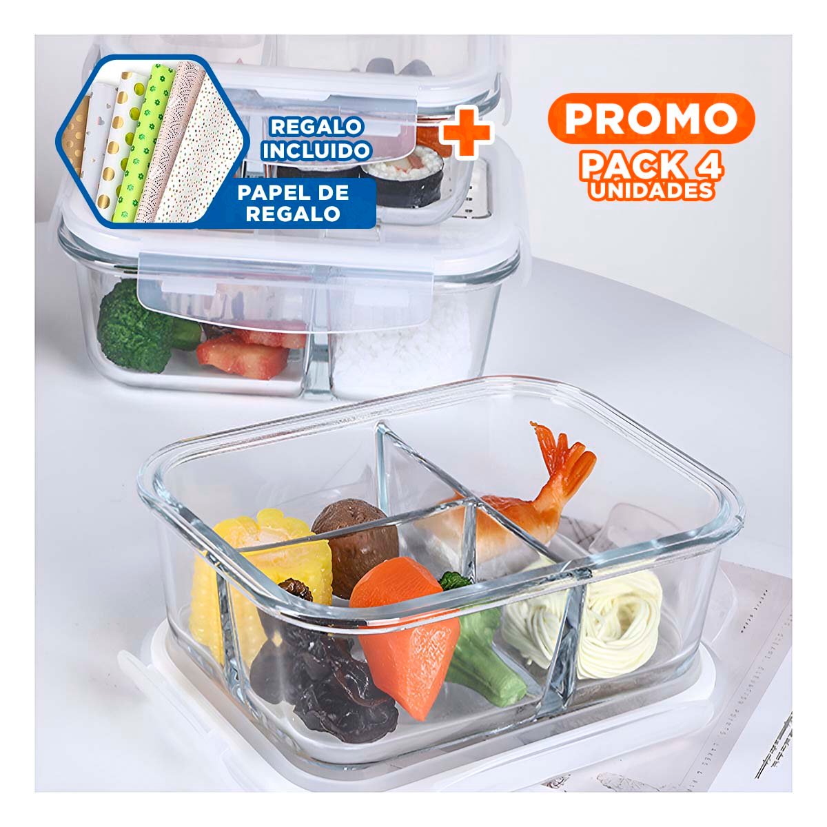 PACK4 TAPER DE VIDRIO 1040ML TRANSPARENTE CON ORGANIZACION INTERNA Y+PAPEL REGALO - 1