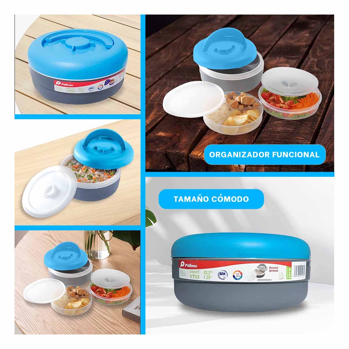 PACK2 TAPER DE ALIMENTOS 1.25L CELESTE Y PLOMO PARA LLEVAR AL TRABAJO Y+PAPEL REGALO - 3