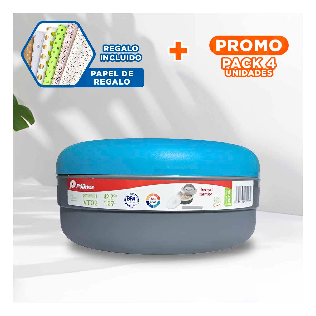 PACK4 LONCHERA TERMICA CELESTE Y PLOMO 1.25L PARA UNIVERSIDAD U OFICINA Y+PAPEL REGALO - 1