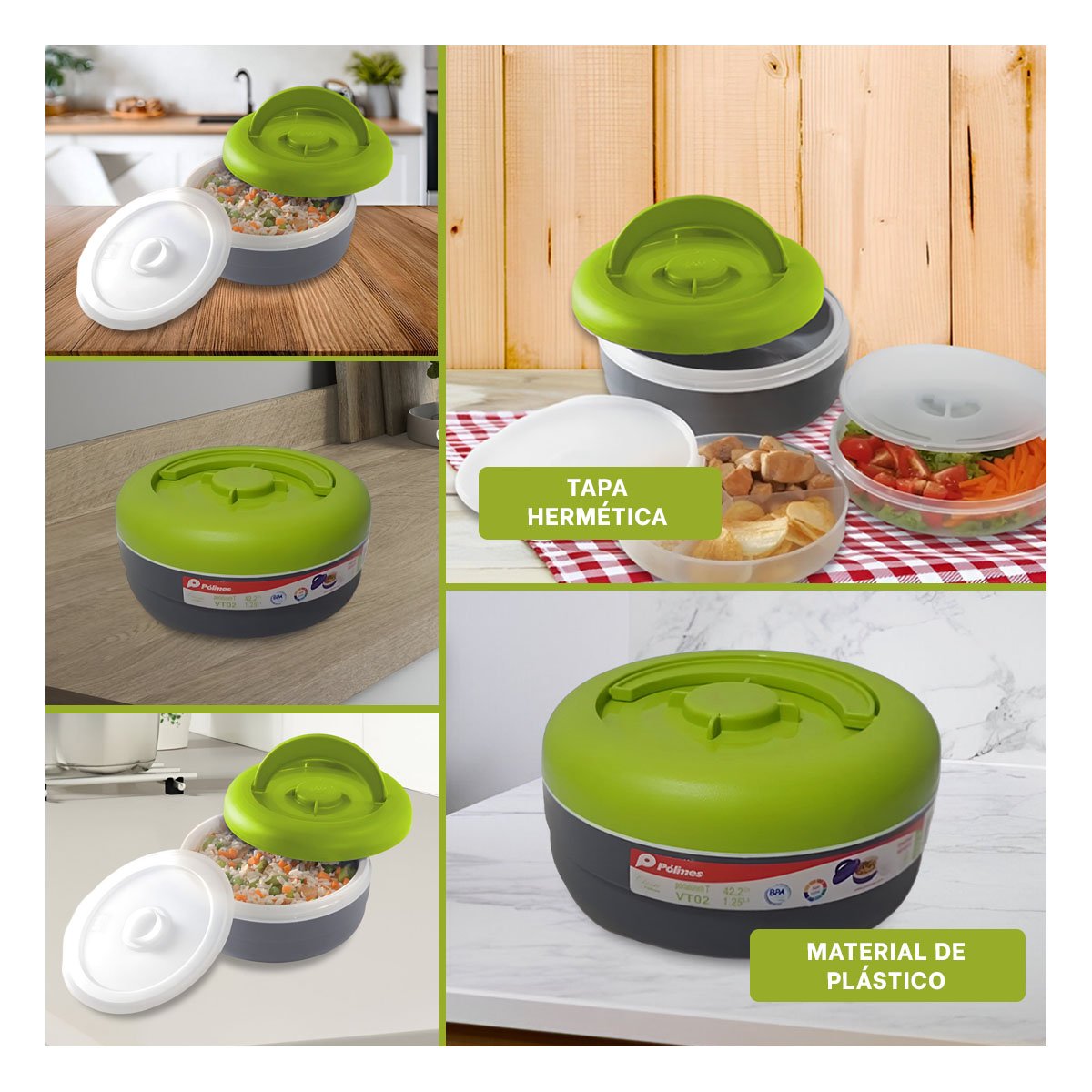TAPER DE COMIDA CON TAPA HERMETICA 1.25L VERDE CLARO Y PLOMO - 5