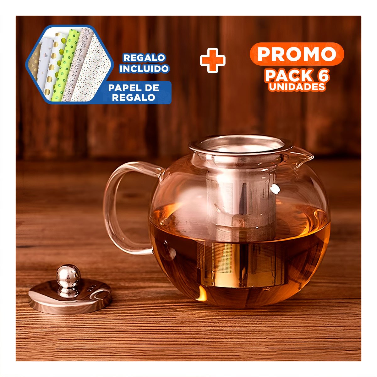 PACK6 JARRA CIRCULAR DE INFUSION 800ML TRANSPARENTE EN BOROSILICATO CON ACERO Y+PAPEL REGALO - 1