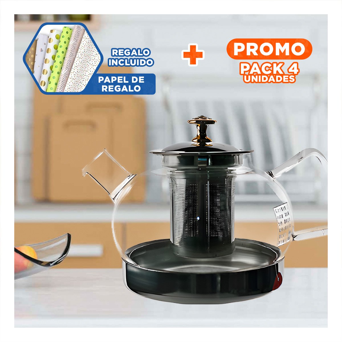 PACK4 TETERA DE COLOR TRANSPARENTE 1000ML FABRICADA EN BOROSILICATO Y ACERO Y+PAPEL REGALO - 1