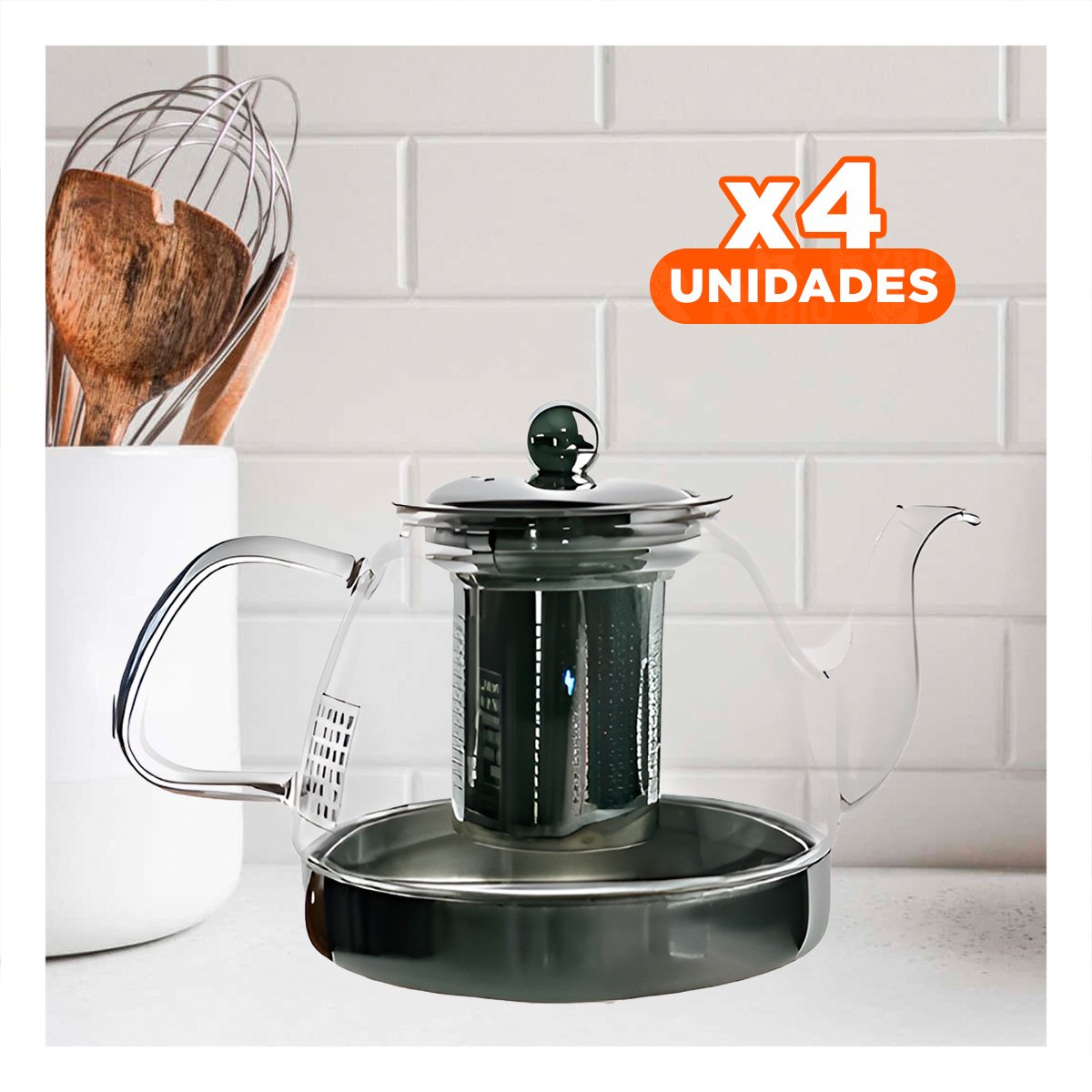 PACK4 TETERA 800ML DE INFUSION EN BOROSILICATO Y ACERO CON FORMA DE COLOR TRANSPARENTE - 1
