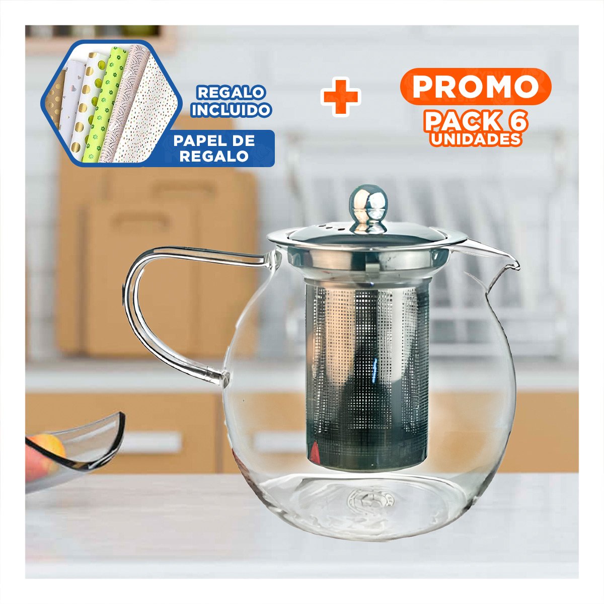 PACK6 JARRA CIRCULAR DE INFUSION 800ML TRANSPARENTE EN BOROSILICATO CON ACERO Y+PAPEL REGALO - 1