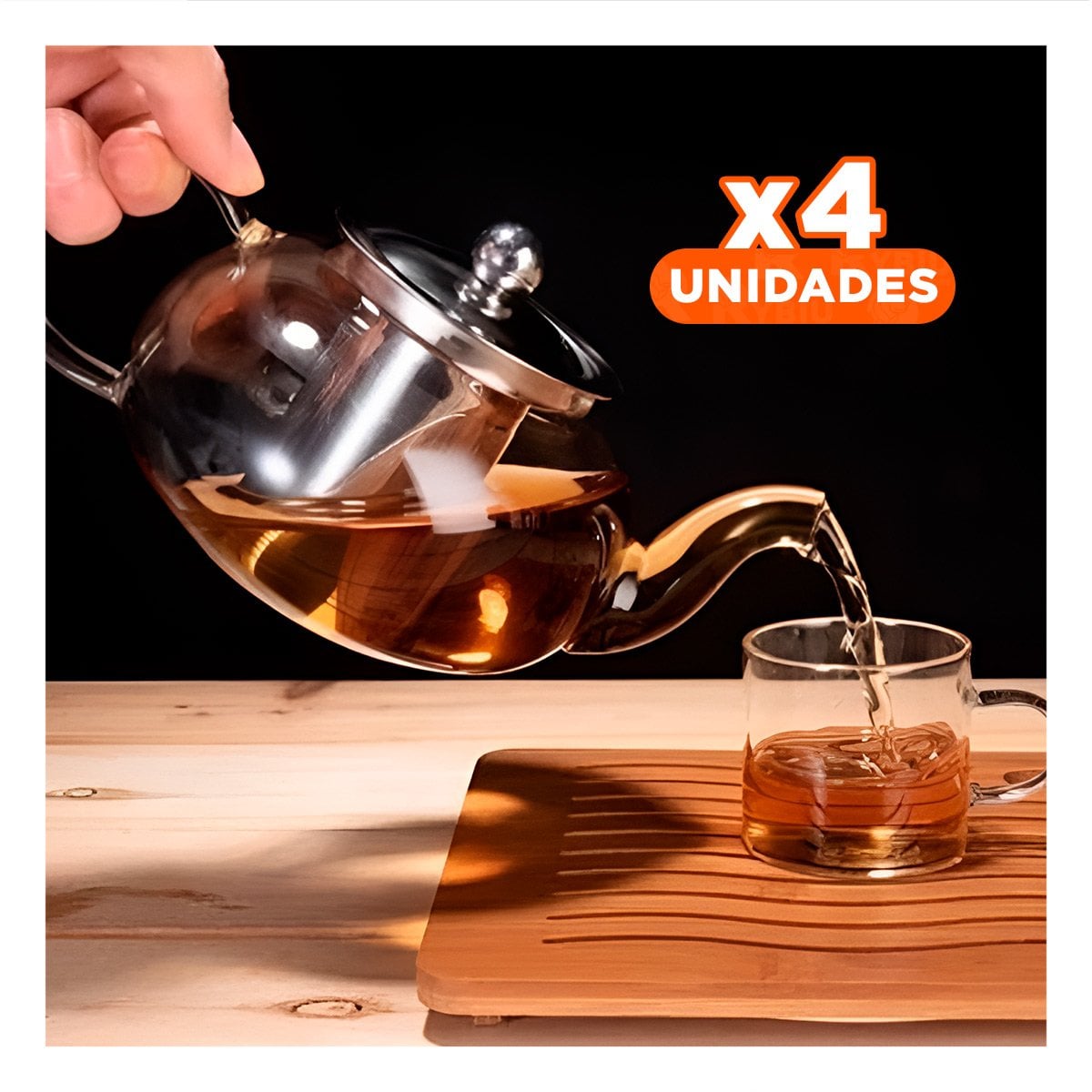 PACK4 TETERA 900ML DE INFUSION EN BOROSILICATO Y ACERO CON FORMA CIRCULAR TRANSPARENTE - 1