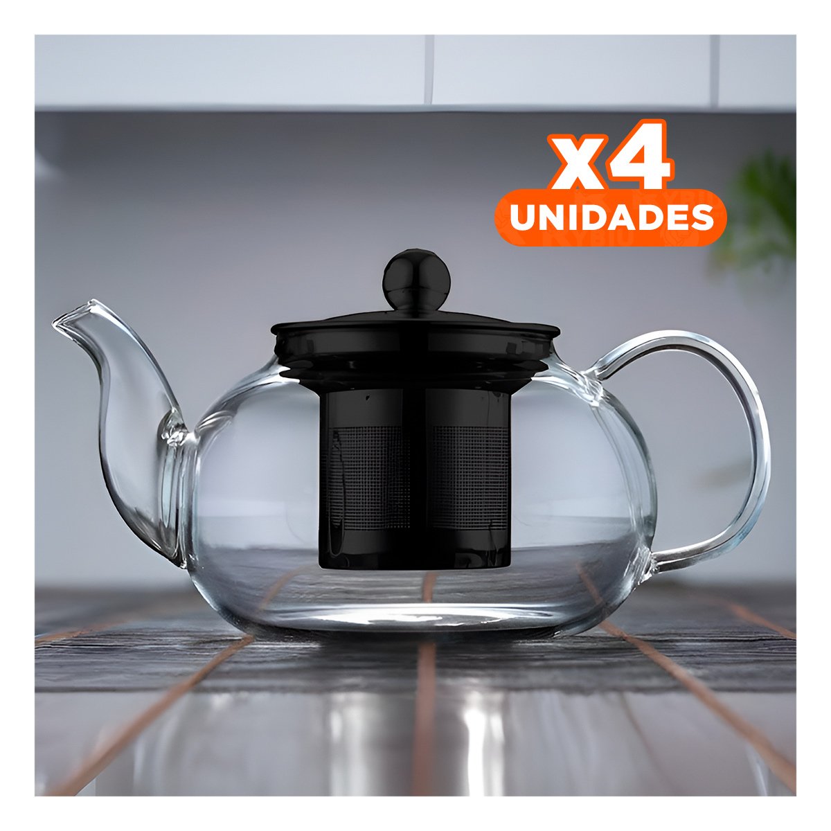 PACK4 TETERA 900ML DE INFUSION EN BOROSILICATO Y ACERO CON FORMA CIRCULAR TRANSPARENTE - 1