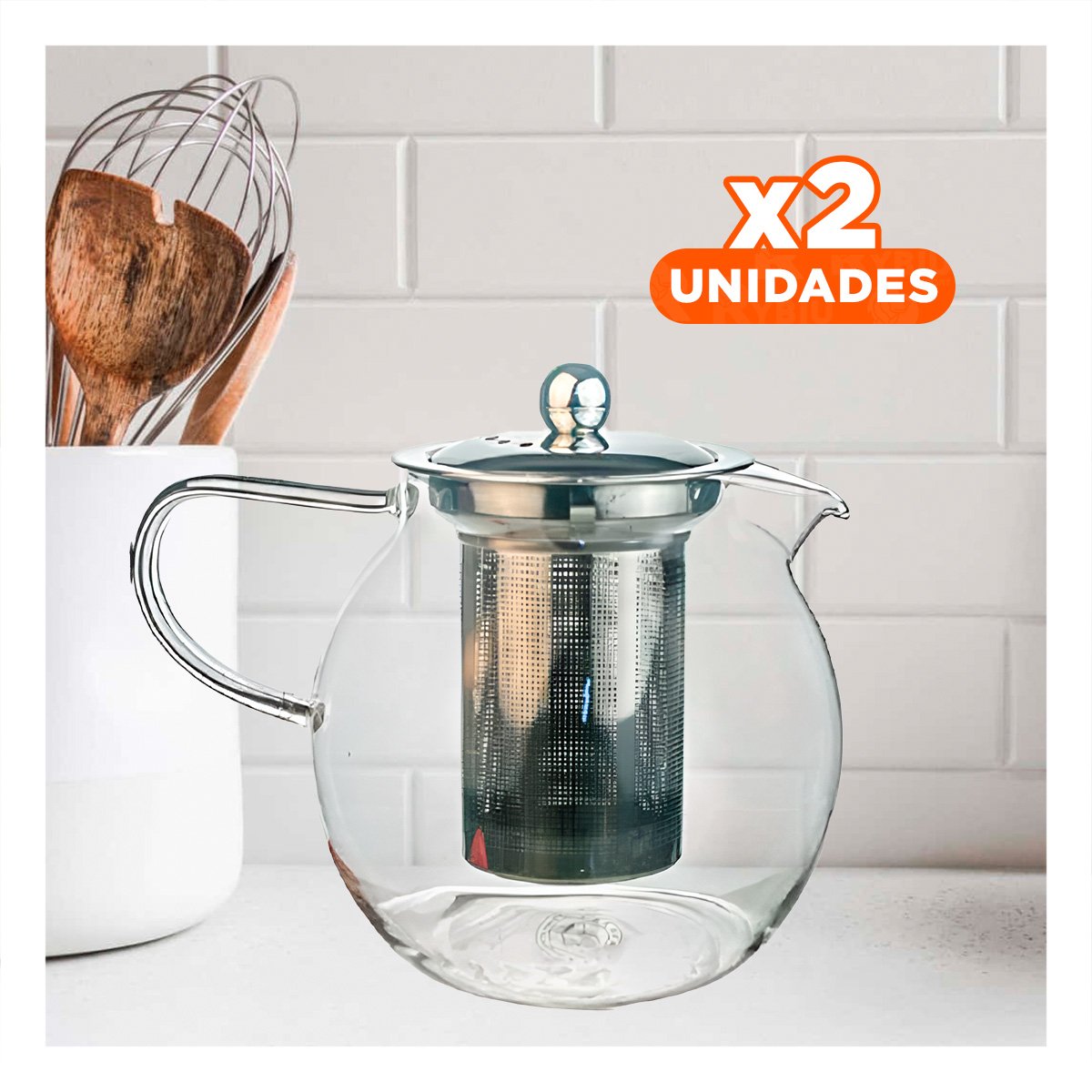 PACK2 TETERA CIRCULAR DE COCINA 800ML TRANSPARENTE CON BOROSILICATO Y ACERO Y+REGALO STICKER - 1