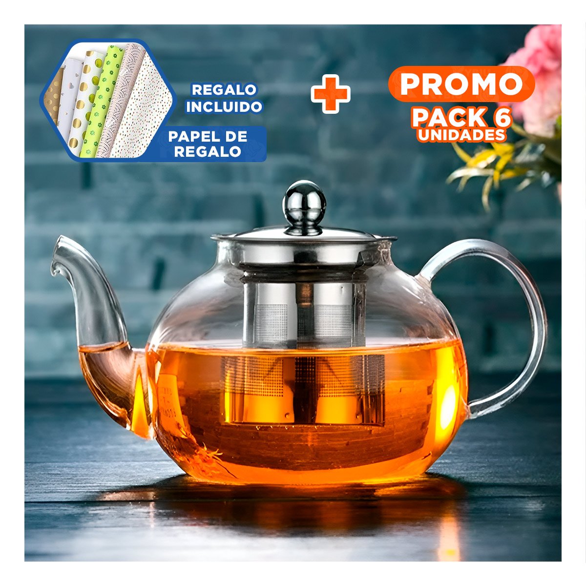 PACK6 JARRA CIRCULAR DE INFUSION 900ML TRANSPARENTE EN BOROSILICATO CON ACERO Y+PAPEL REGALO - 1