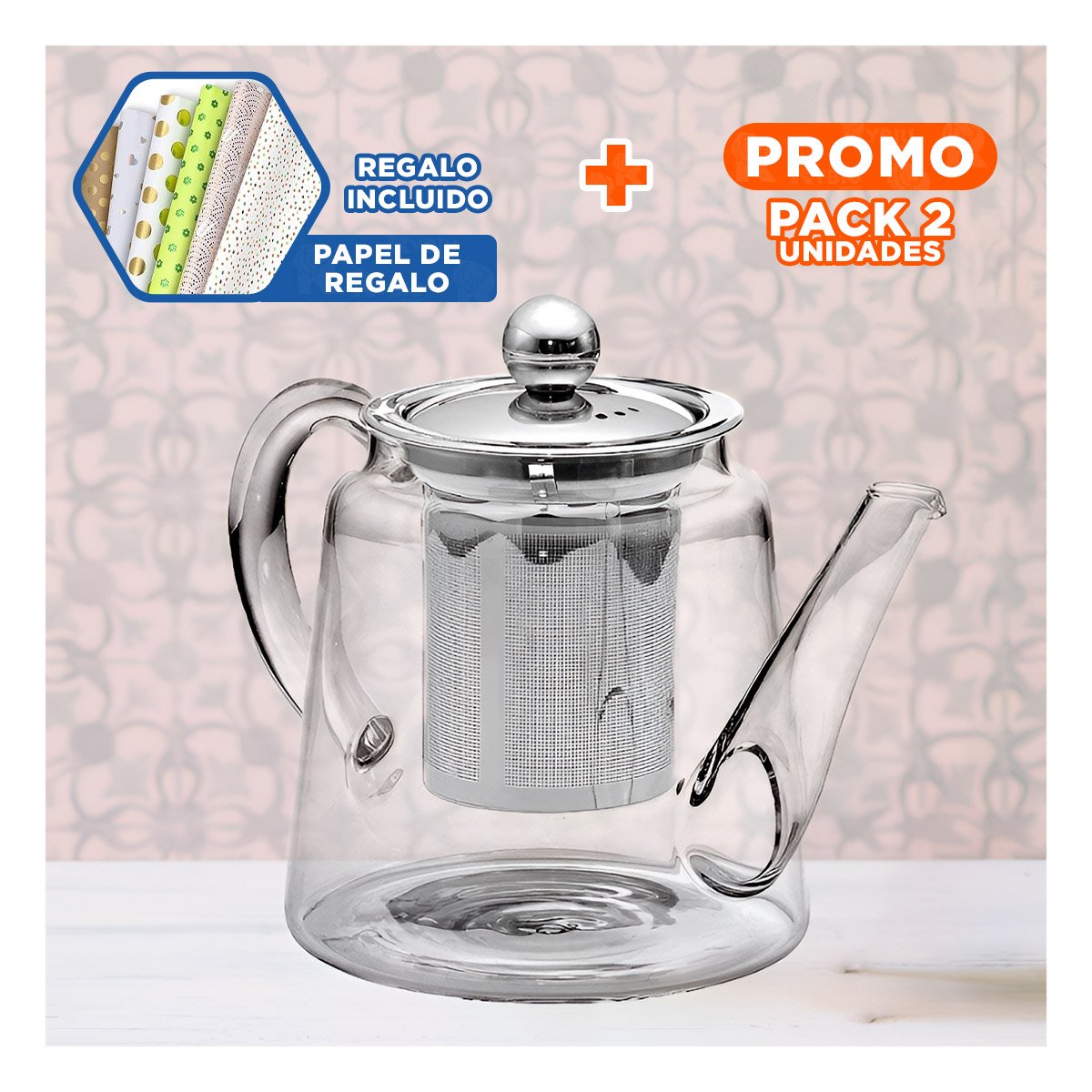 PACK2 TETERA 800ML TRANSPARENTE DE FLORES CON CUERPO EN BOROSILICATO Y ACERO Y+PAPEL REGALO - 1