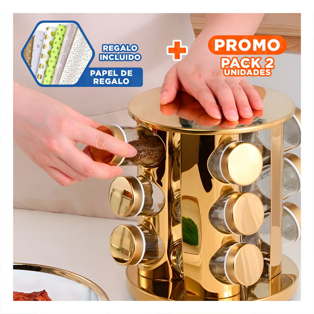 PACK2 CONDIMENTERO ORGANIZADOR CIRCULAR DE COLOR DORADO CON 12 FRASCOS GIRATORIO Y+PAPEL REGALO - 1