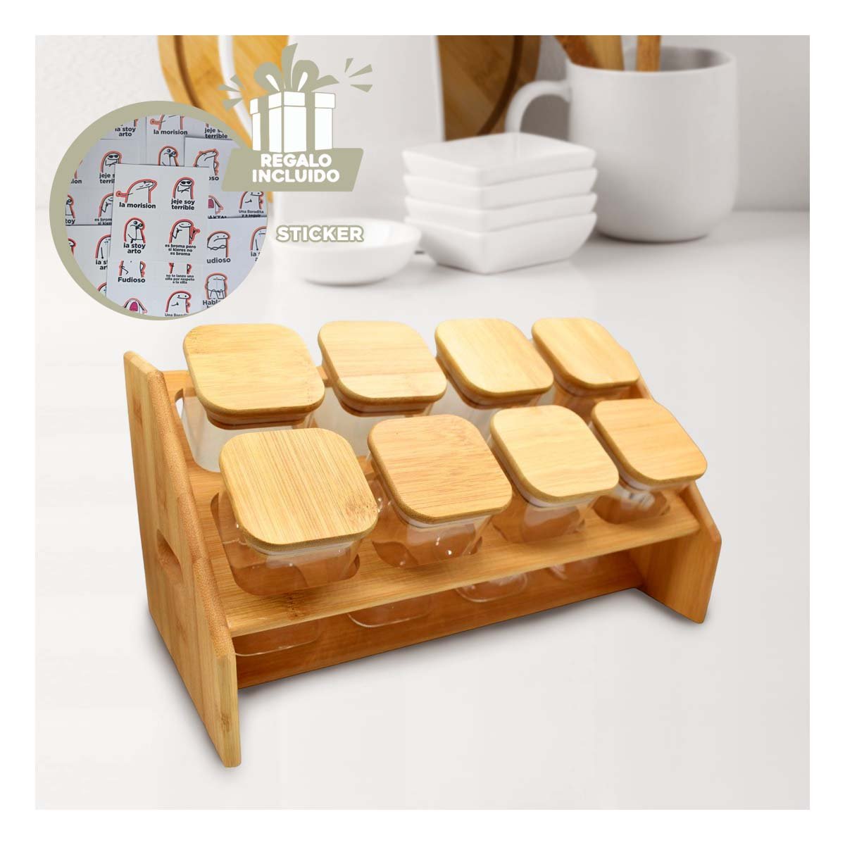 SET DE ESPECIAS RECTANGULAR DE MADERA CON 8 FRASCOS COCINA Y+REGALO STICKER - 1