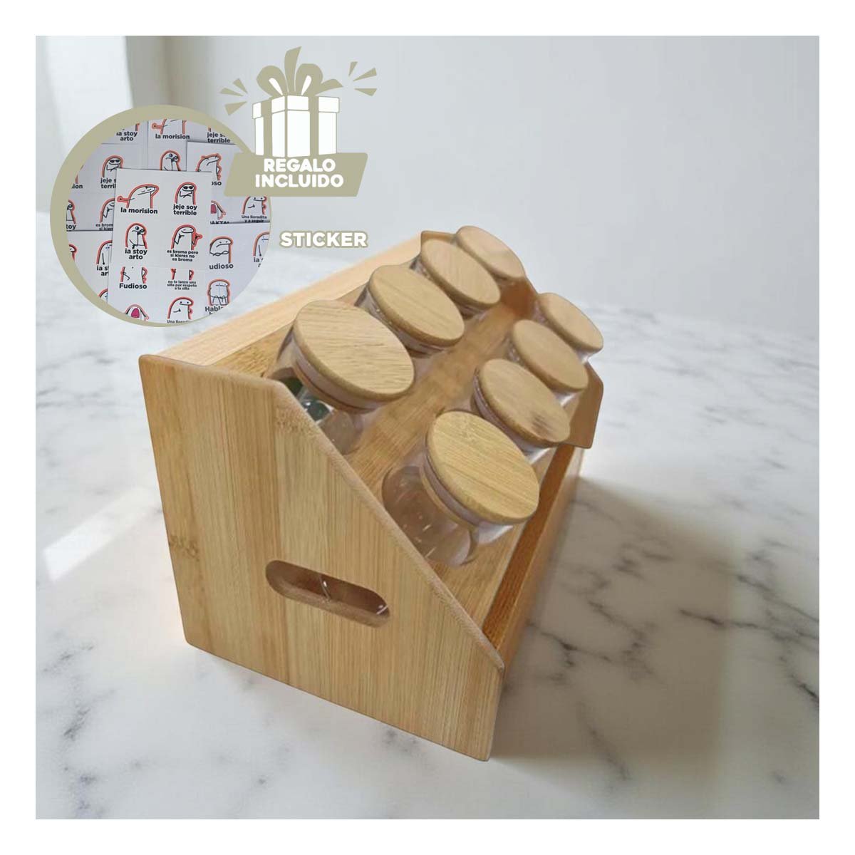 ACCESORIO DE COCINA RECTANGULAR CON 8 FRASCOS CIRCULARES EN MADERA Y+REGALO STICKER - 1