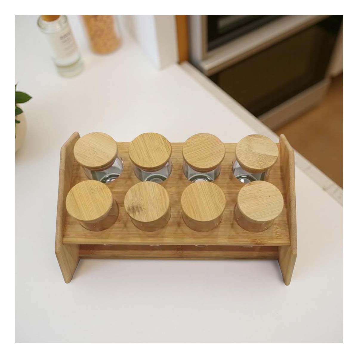 ACCESORIO DE COCINA RECTANGULAR CON 8 FRASCOS CIRCULARES EN MADERA Y+REGALO STICKER - 5