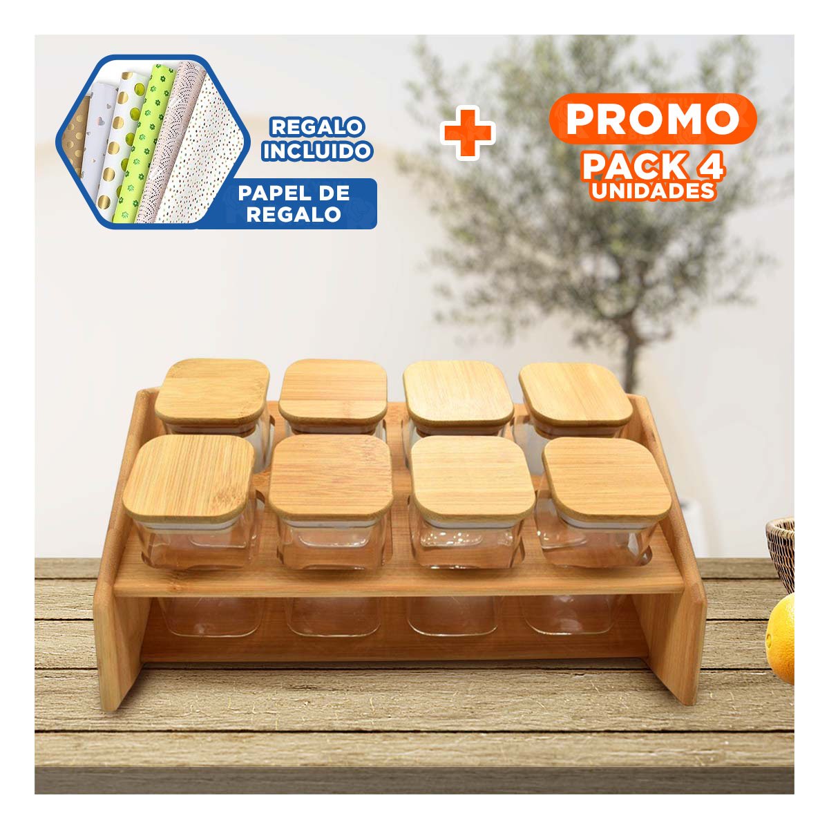 PACK4 PORTAESPECIAS RECTANGULAR DE MADERA Y+PAPEL DE REGALO - 1