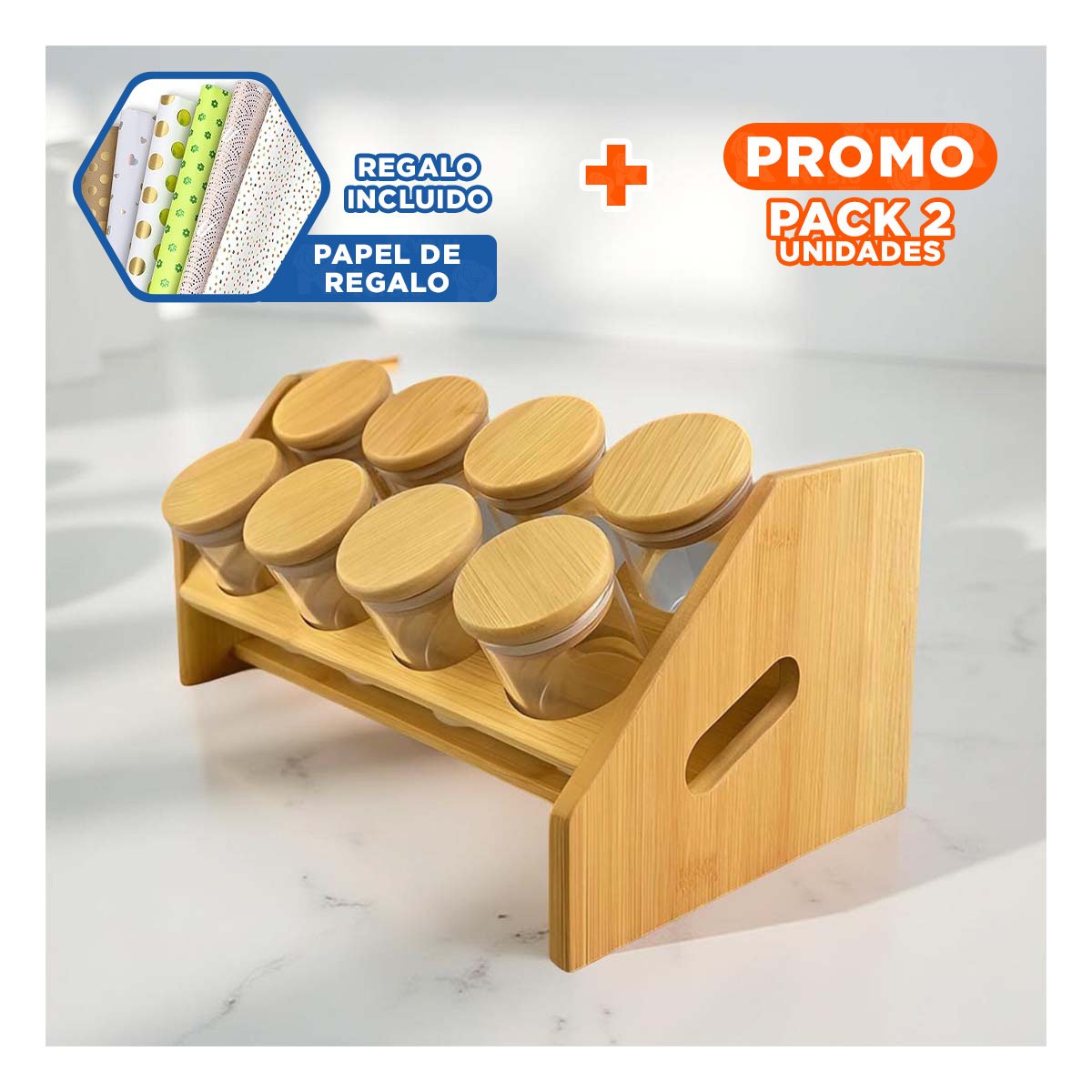 PACK2 DISPENSADOR DE ESPECIAS RECTANGULAR CON 8 FRASCOS CIRCULARES EN MADERA Y+PAPEL REGALO - 1