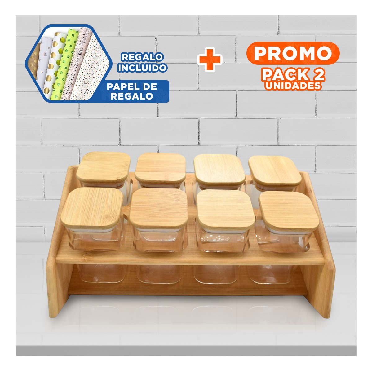 PACK2 ESTACION DE ESPECIAS RECTANGULAR DE MADERA CON 8 FRASCOS COCINA Y+PAPEL REGALO - 1