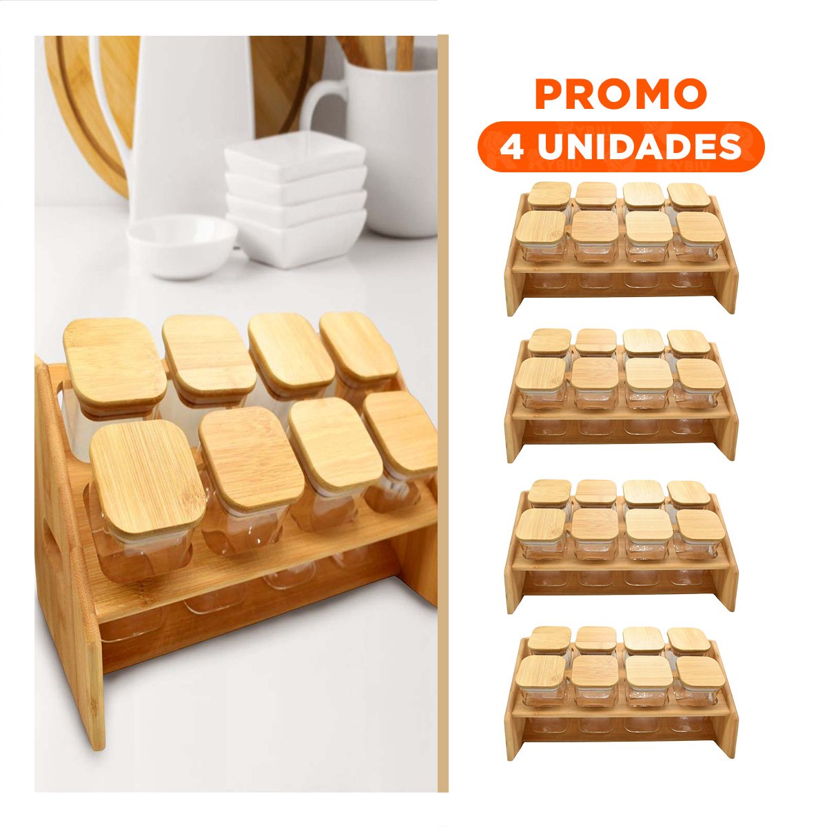 PACK4 PORTAESPECIAS DE MADERA CON 8 BOTECITOS CUADRADO - 1