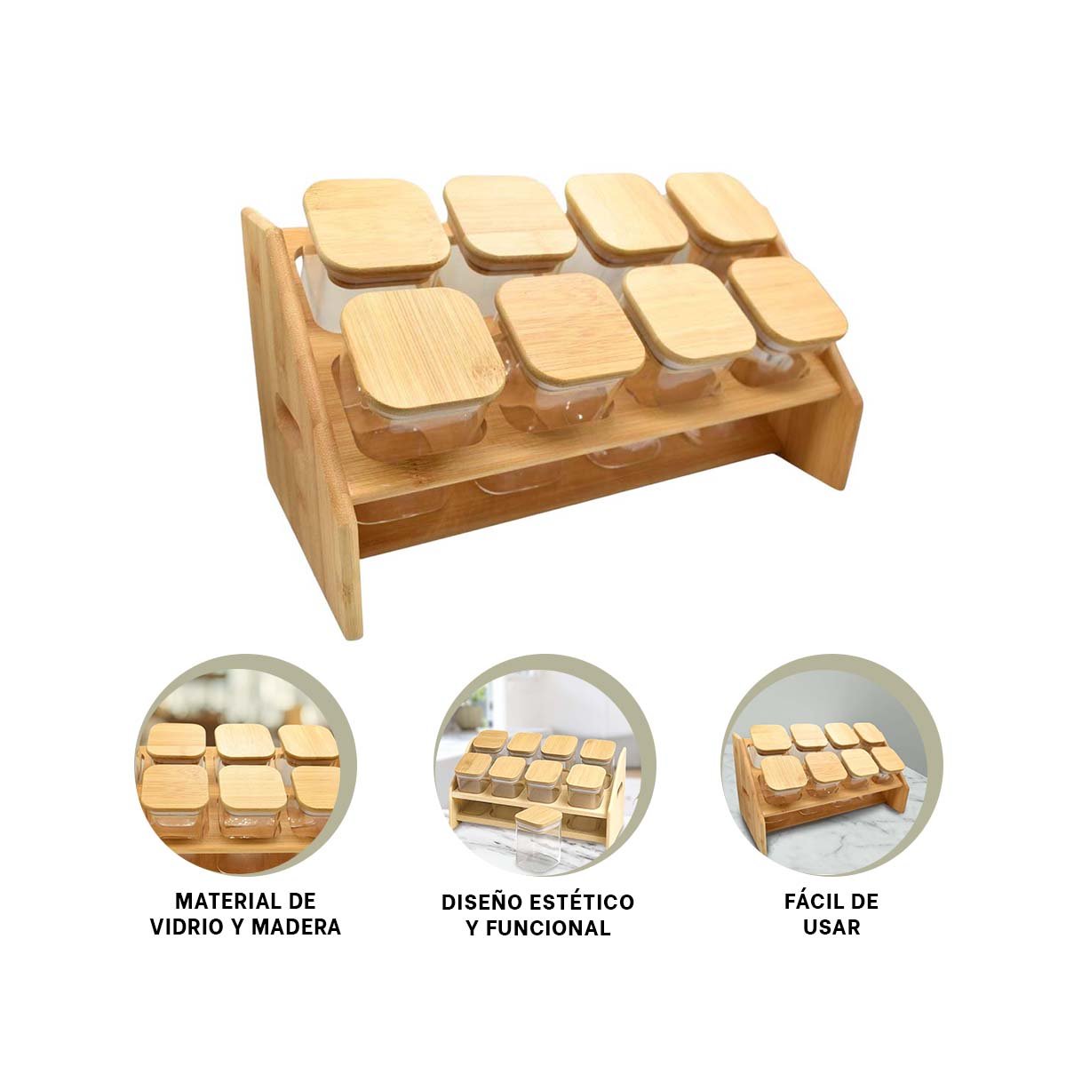PACK4 PORTAESPECIAS DE MADERA CON 8 BOTECITOS CUADRADO - 2