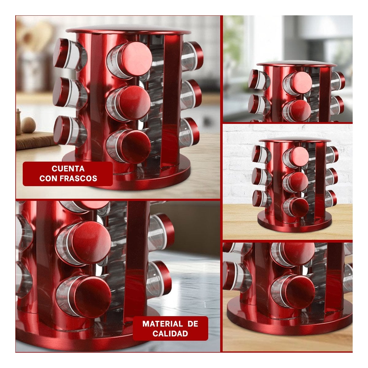 SET CONDIMENTERO GIRATORIO CIRCULAR ROJO CON 12 FRASCOS PRACTICOS Y+LIGAS REGALO - 5
