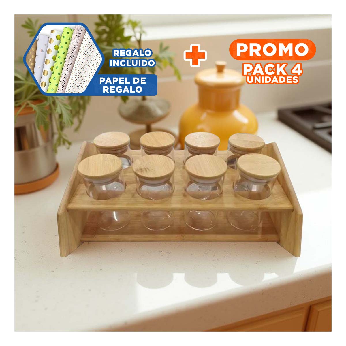 PACK4 PORTAESPECIAS RECTANGULAR DE COCINA Y+PAPEL DE REGALO - 1