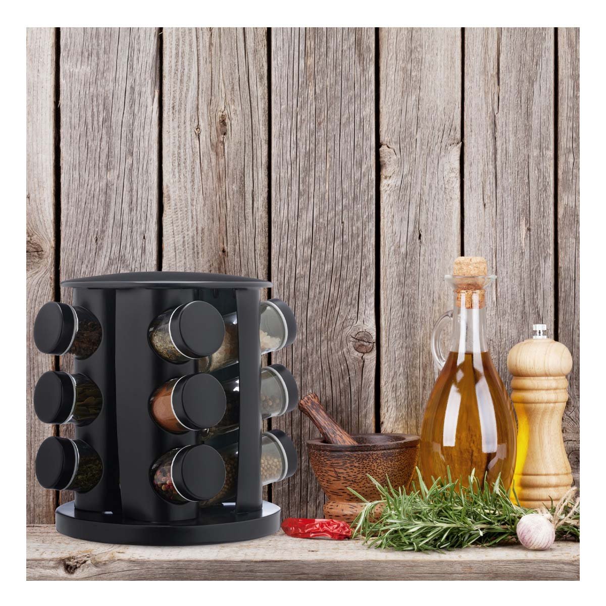 PACK2 CONDIMENTERO DE COLOR NEGRO CON 12 FRASCOS INTEGRADOS EN SISTEMA GIRATORIO - 5