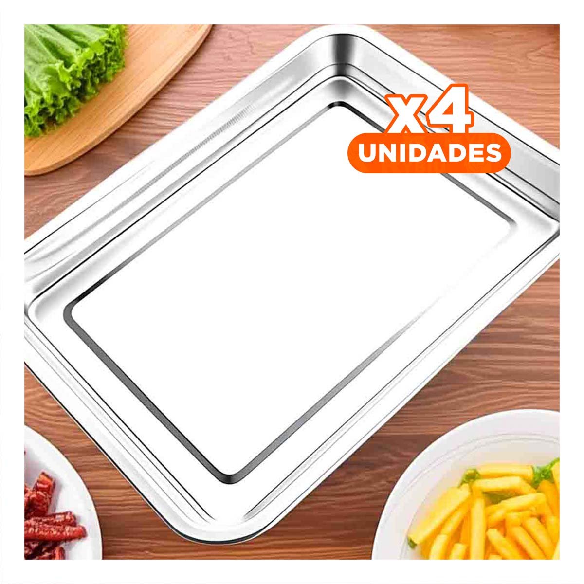 PACK4 CHAROLA DE COCINA RECTANGULAR PLATEADA PARA ORGANIZAR ALIMENTOS Y PLATOS - 1