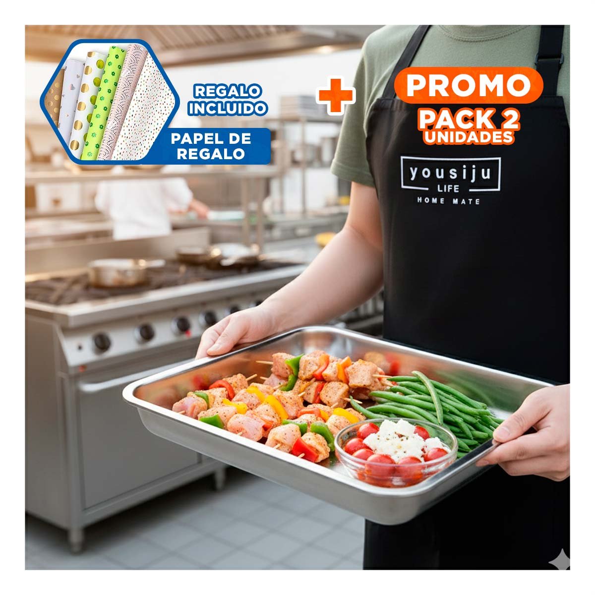 PACK2 FUENTE RECTANGULAR DE ACERO PARA SERVIR ALIMENTOS PLATEADO 50X35X2CM Y+PAPEL REGALO - 1
