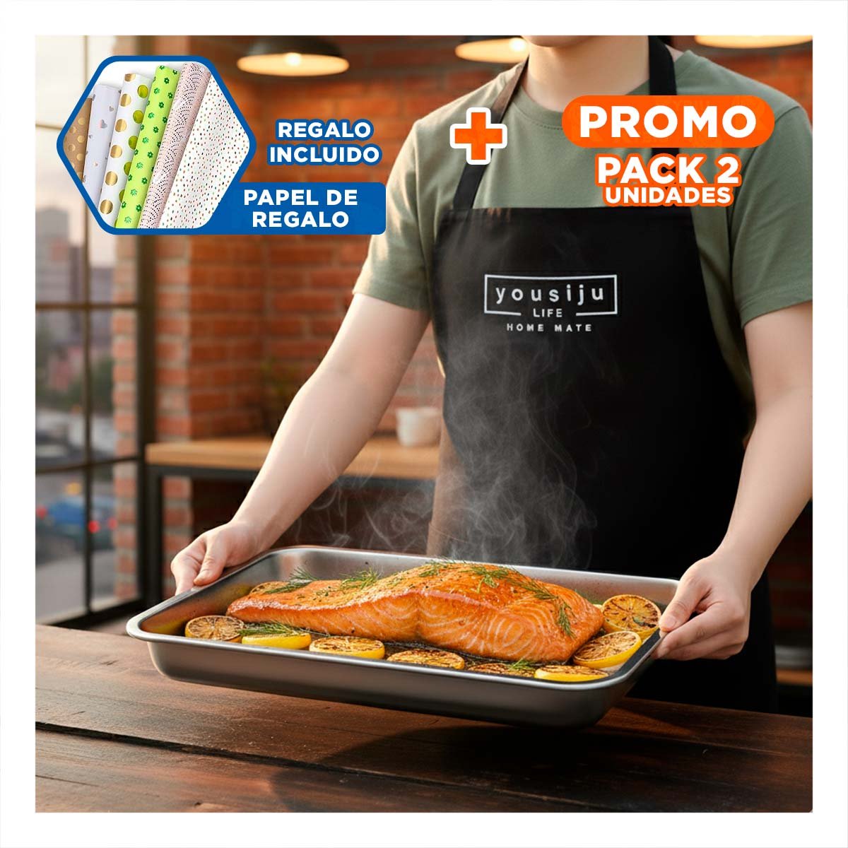 PACK2 PLATO ELEGANTE RECTANGULAR DE ACERO PLATEADO PARA COCINA Y REUNIONES Y+PAPEL REGALO - 1