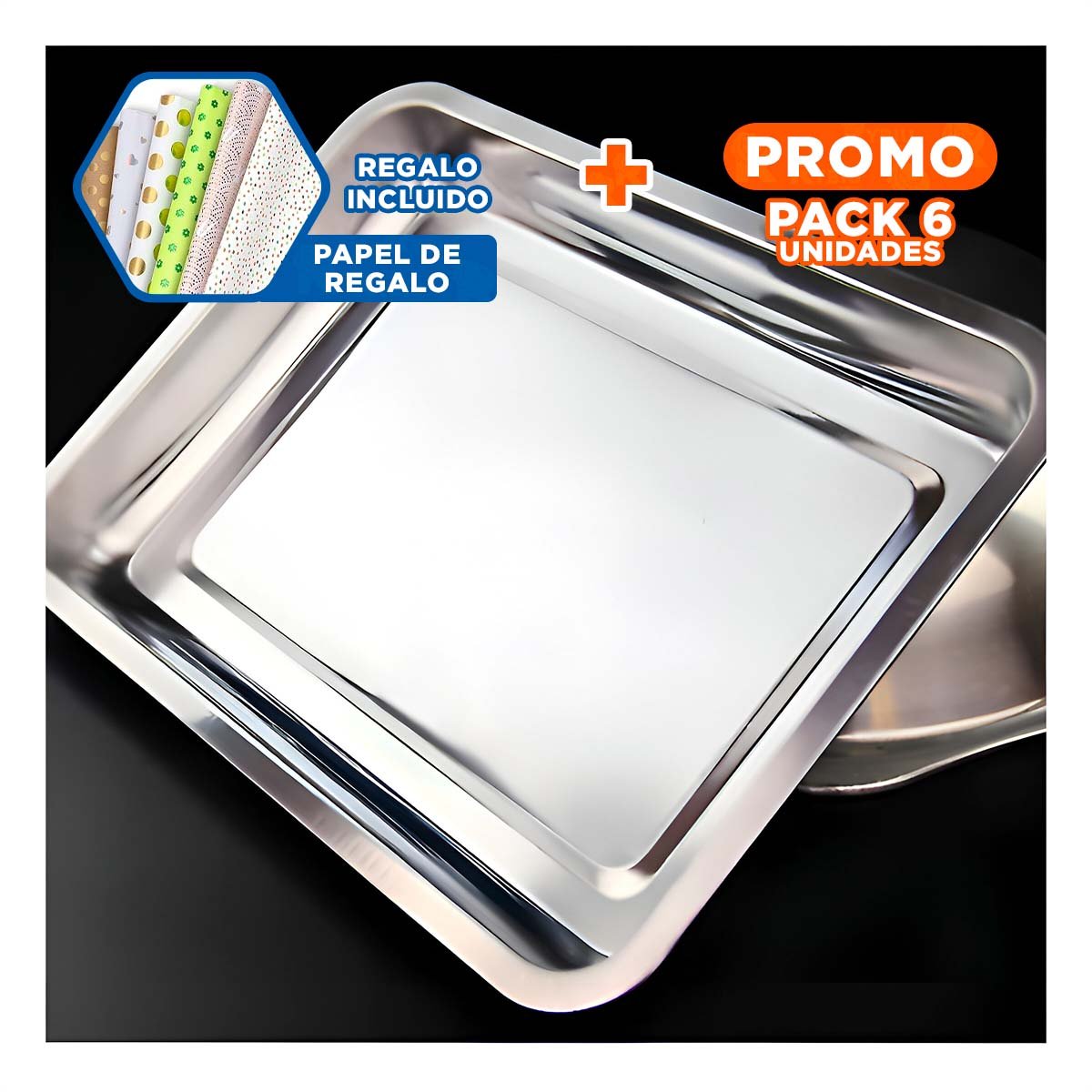 PACK6 RECIPIENTE GRANDE RECTANGULAR DE ACERO PLATEADO PARA SERVIR Y ALMACENAR Y+PAPEL REGALO - 1