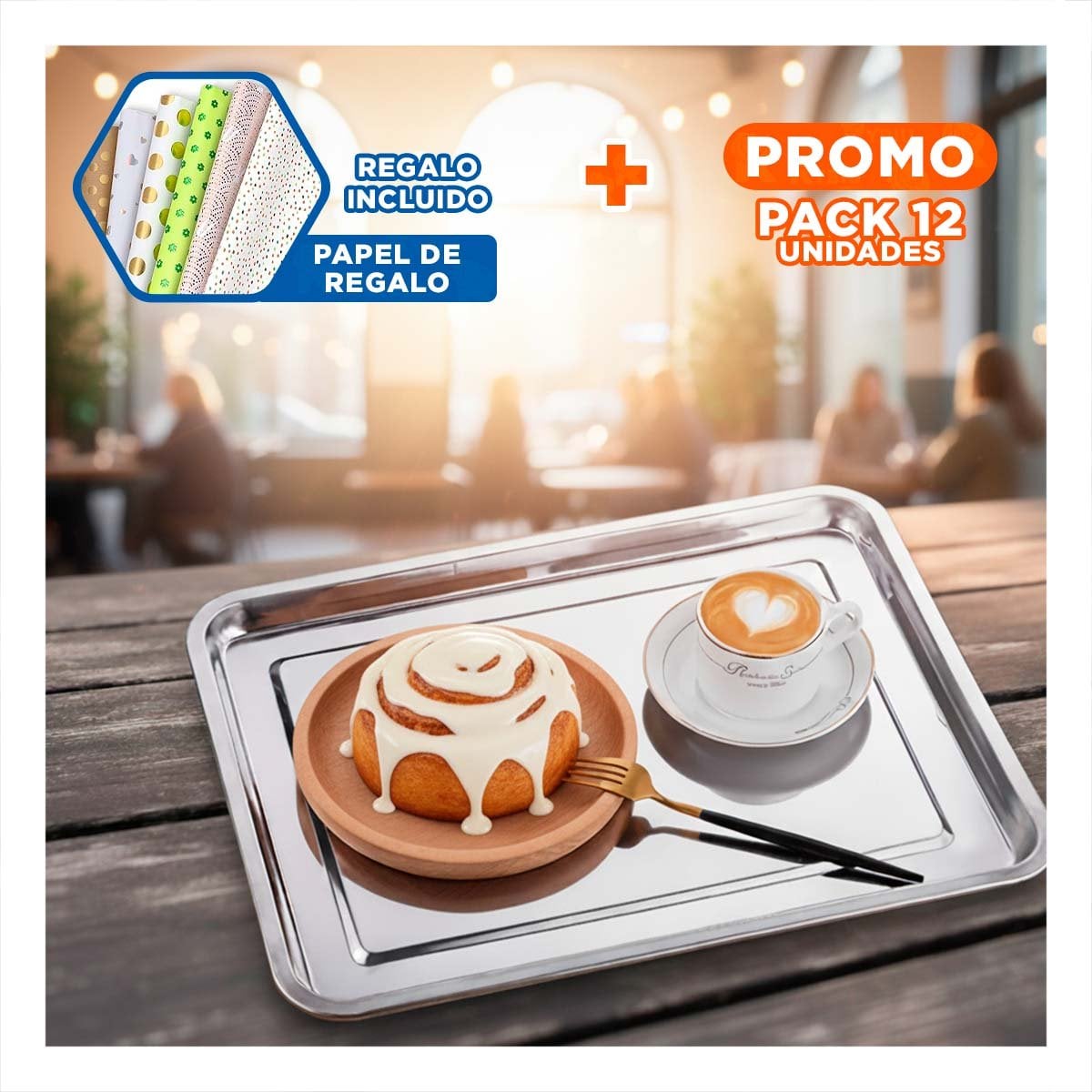 PACK12 PLATO PARA SERVIR RECTANGULAR DE ACERO PLATEADO EN COCINA Y HOGAR Y+PAPEL REGALO - 1