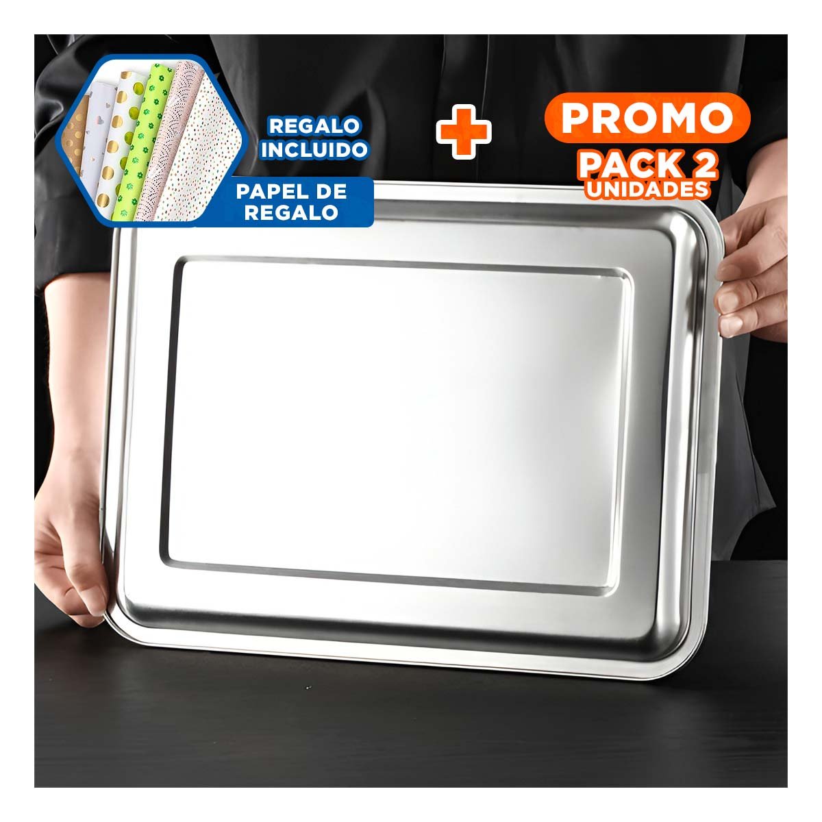 PACK2 CHAROLA DE ACERO PARA HOGAR COCINA Y RESTAURANTE PLATEADO 60X40X2CM Y+PAPEL REGALO - 1