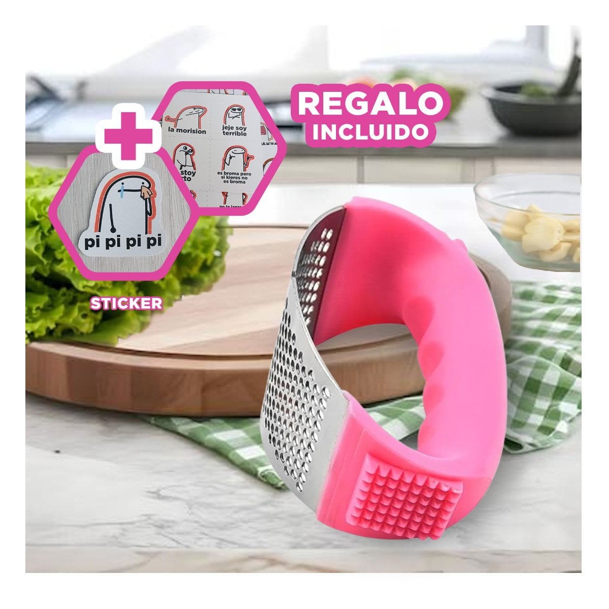 PRENSA DE COCINA CON MANGO ROSADO Y PLATEADO DE PLASTICO PARA USO DIARIO Y+REGALO STICKER - 1