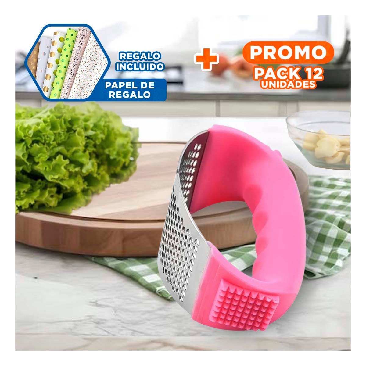 PACK12 PICADOR DE COCINA CON MANGO ROSADO Y PLATEADO FACIL DE LIMPIAR Y+PAPEL REGALO - 1