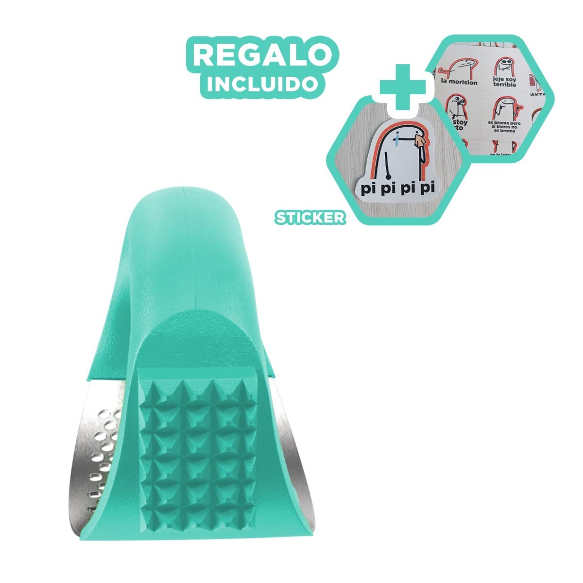 PRENSA DE COCINA CON MANGO VERDE AGUA Y PLATEADO DE PLASTICO PARA USO DIARIO Y+REGALO STICKER - 1