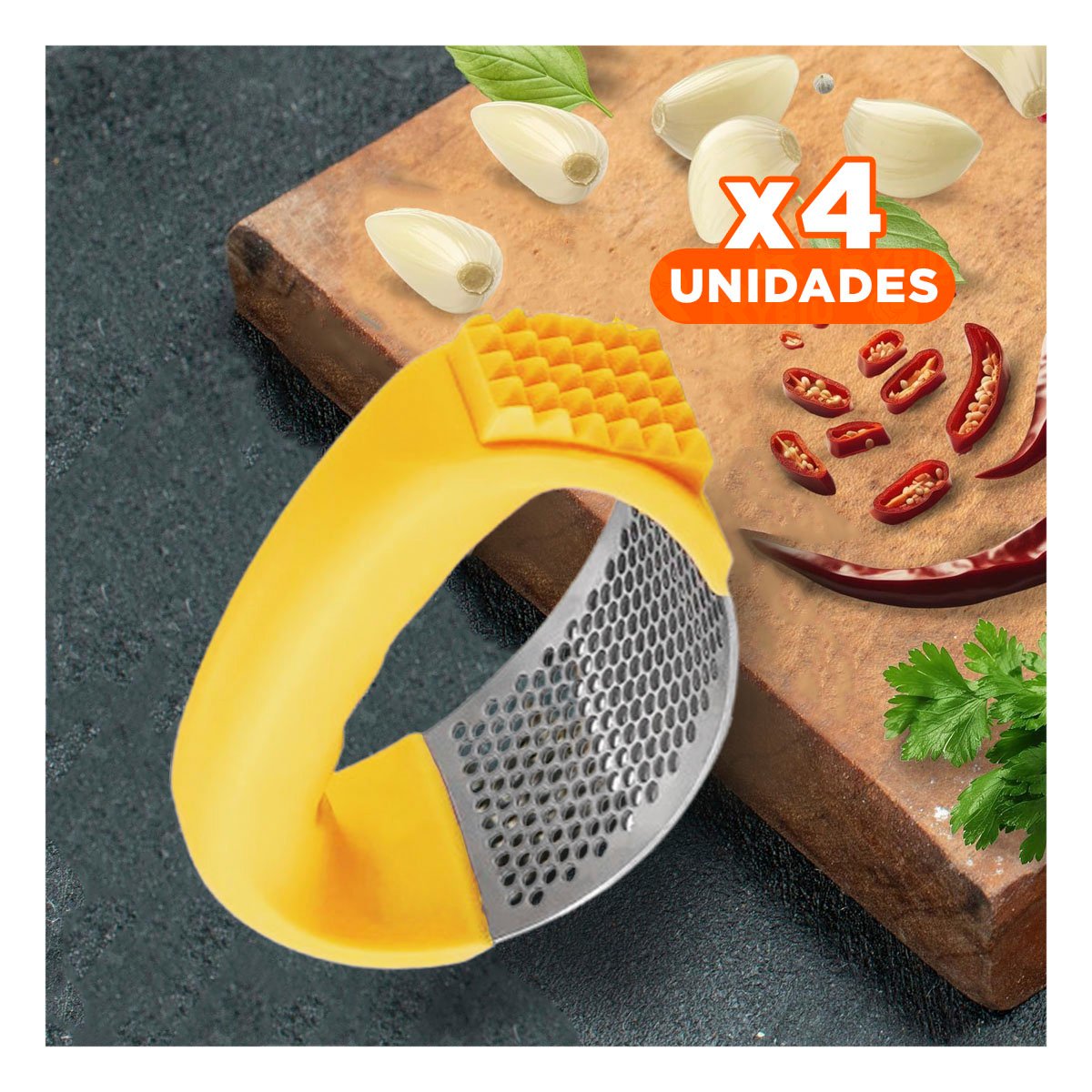 PACK4 TRITURADOR DE COCINA CON MANGO AMARILLO Y PLATEADO DE PLASTICO PARA USO PRACTICO - 1