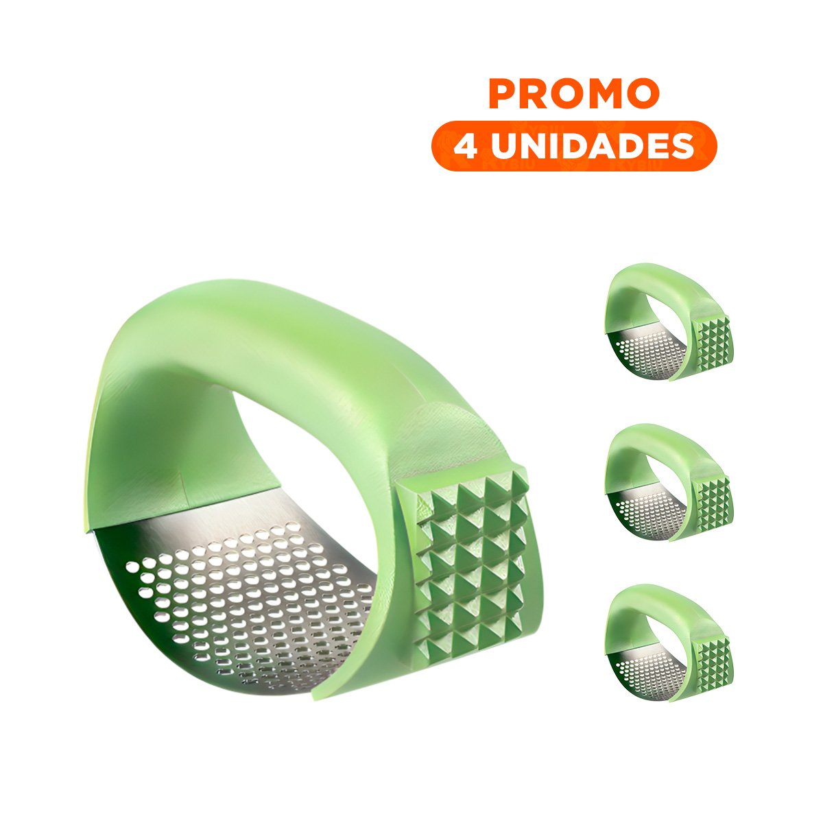 PACK4 APLASTADOR DE AJO CON MANGO VERDE LIMON Y PLATEADO EN PLASTICO Y+REGALO STICKER - 1
