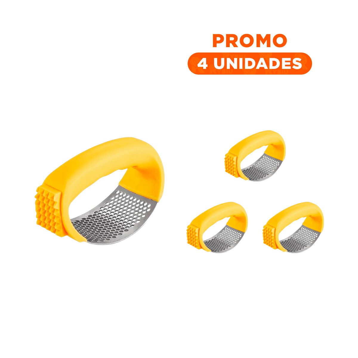 PACK4 APLASTADOR DE AJO CON MANGO AMARILLO Y PLATEADO EN PLASTICO RESISTENTE Y+REGALO STICKER - 1