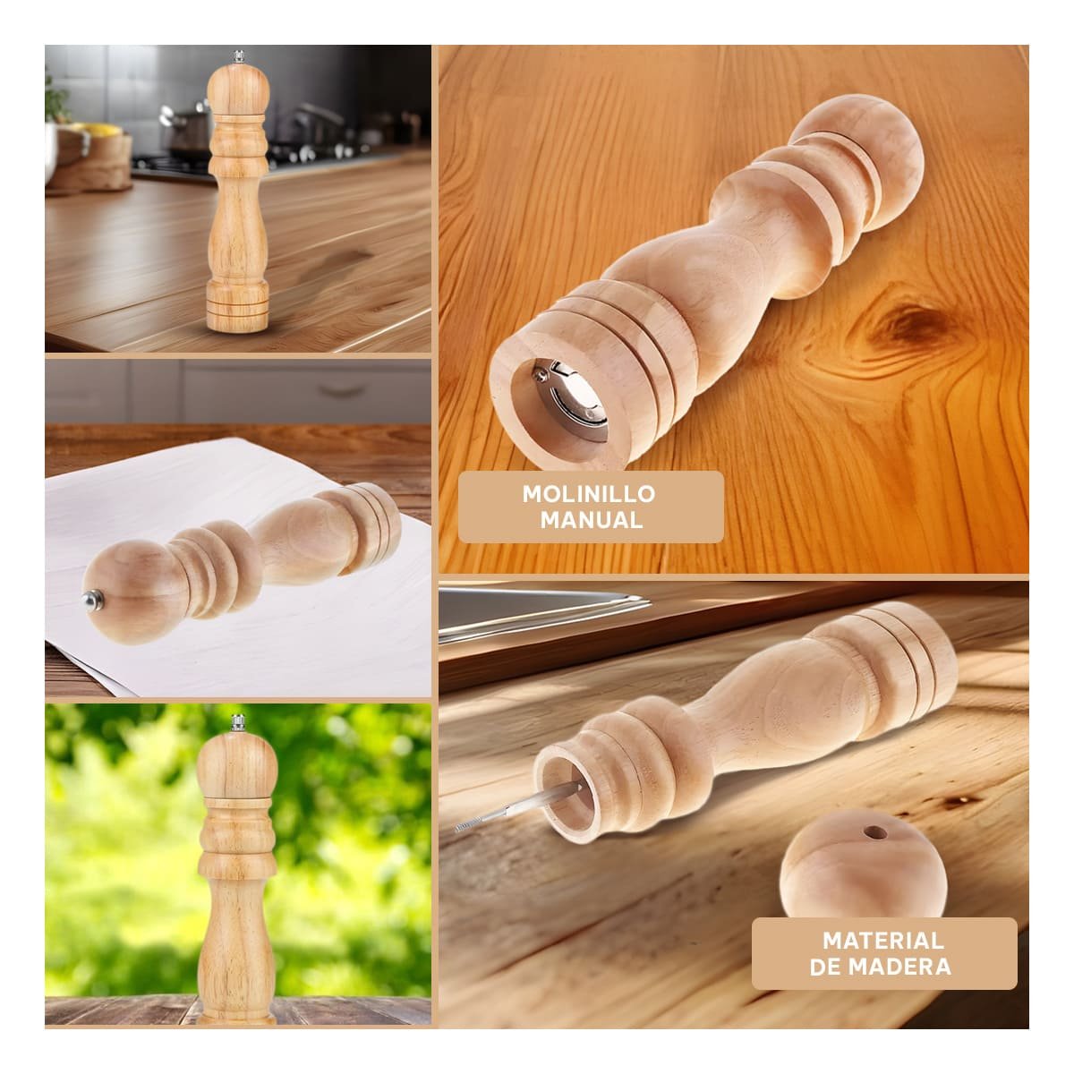 PACK2 MOLINILLO MANUAL COCINA 5X20CM MADERA FUNCIONAL Y+PAPEL REGALO - 3
