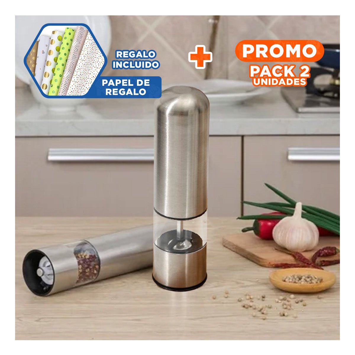 PACK2 MOLINILLO DE COCINA PLATEADO TRANSPARENTE PARA MOLER ESPECIAS Y+PAPEL REGALO - 1
