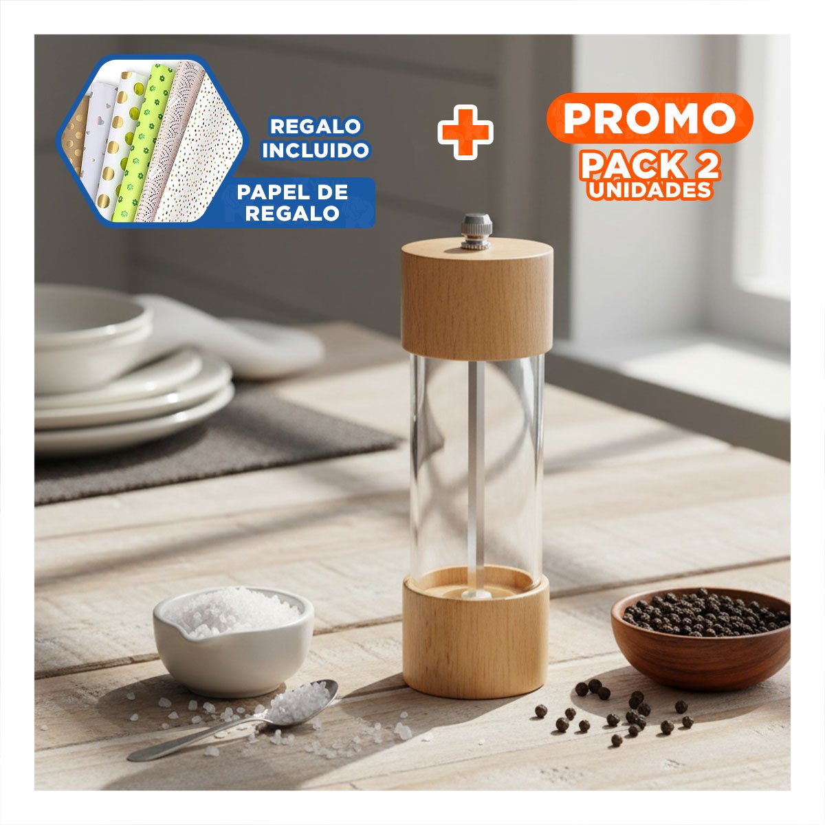 PACK2 PICADOR MANUAL DE MADERA TRANSPARENTE PARA COCINA FAMILIAR Y+PAPEL REGALO - 1