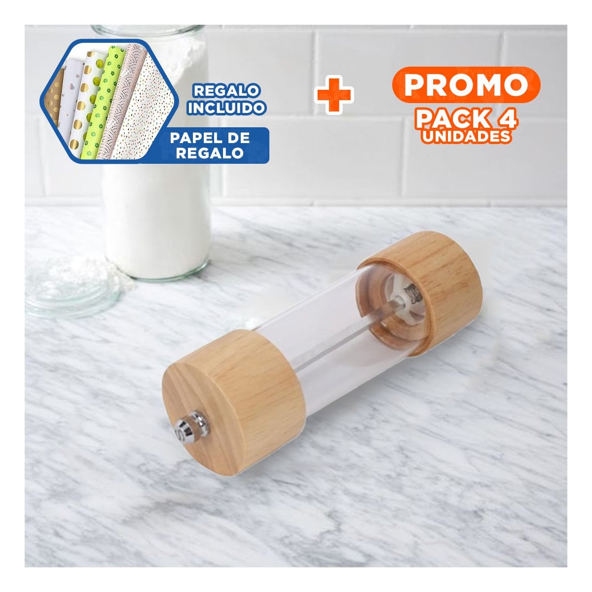 PACK4 MOLINILLO MANUAL DE MADERA TRANSPARENTE PARA COCINA VERSATIL Y+PAPEL REGALO - 1