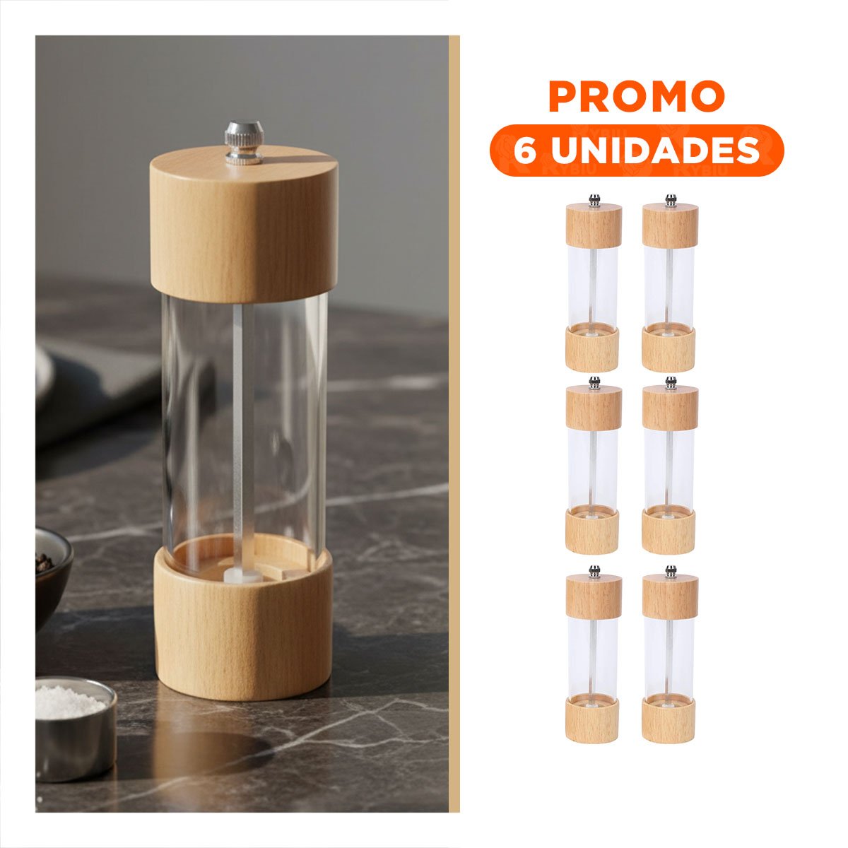 PACK6 TRITURADOR MANUAL DE MADERA TRANSPARENTE PARA COCINA VERSATIL - 1