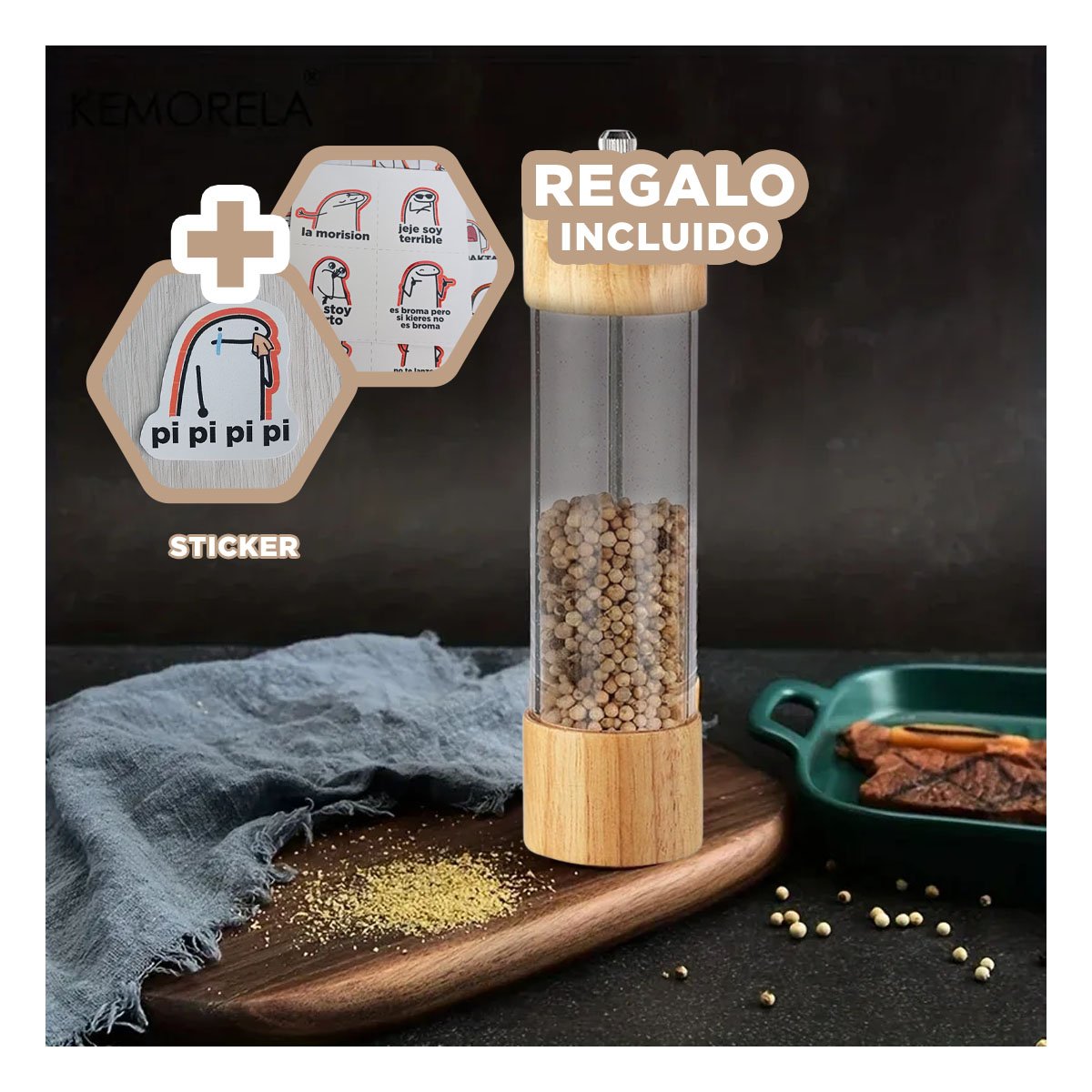 MOLEDOR MANUAL DE MADERA Y TRANSPARENTE PARA COCINA FUNCIONAL Y+REGALO STICKER - 1