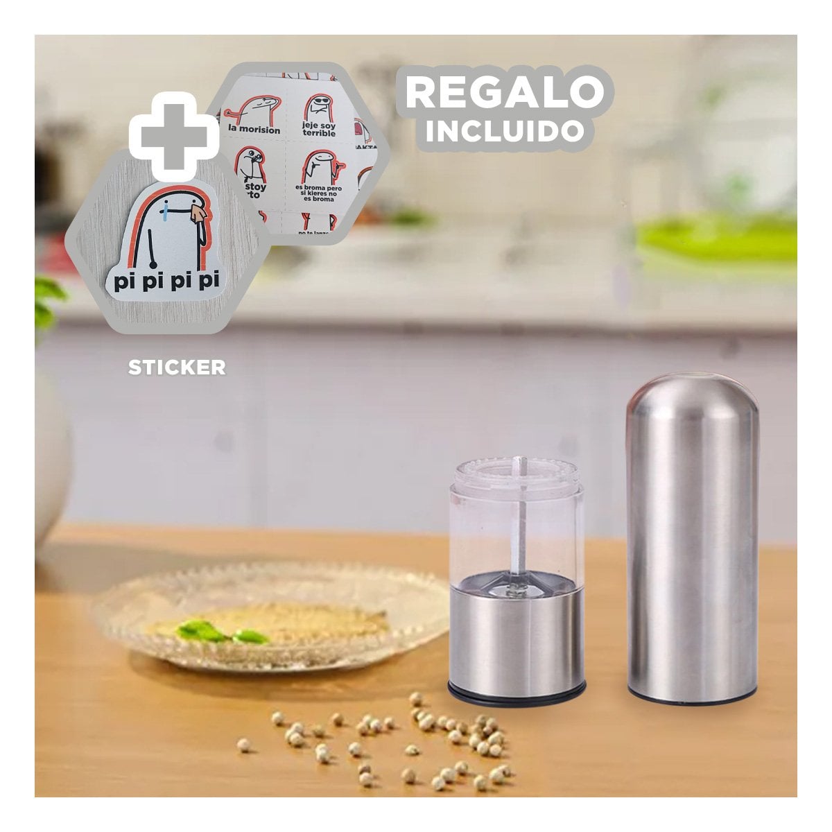 TRITURADOR PORTATIL DE CONDIMENTOS PLATEADO TRANSPARENTE Y+REGALO STICKER - 1