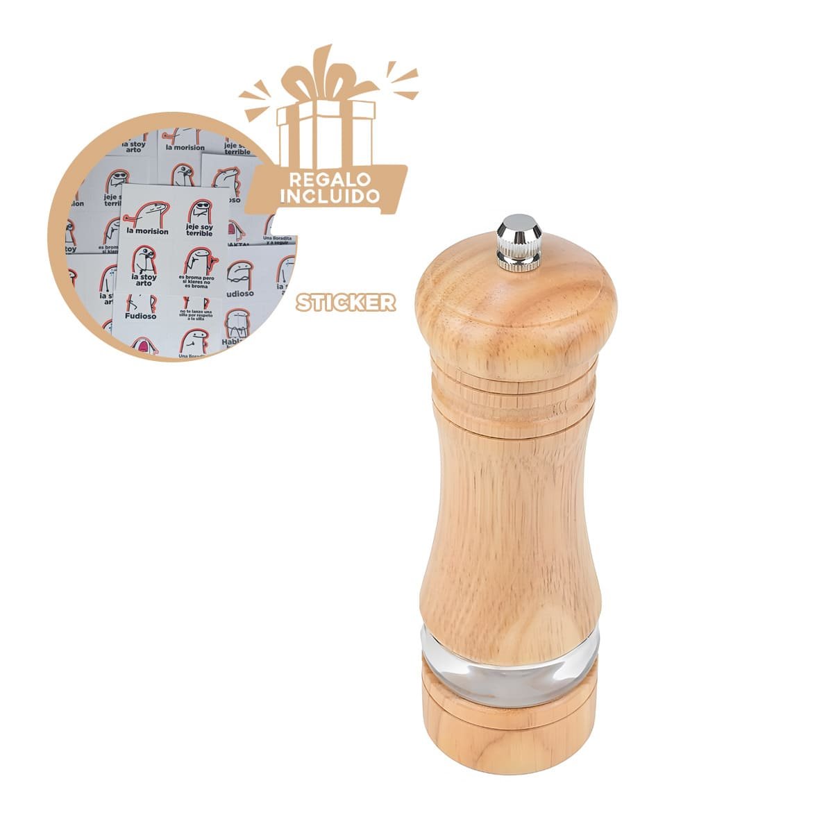 MOLINO MANUAL 5X15.5 CM MADERA CON FRANJA METAL PARA PREPARAR COMIDAS Y+REGALO STICKER - 1
