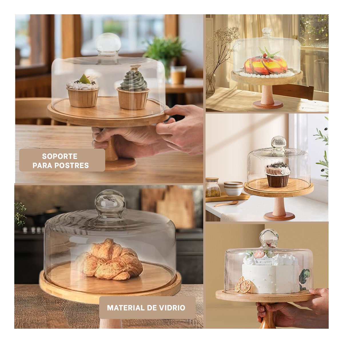 PACK4 MESA DE MADERA CON CUPULA DE VIDRIO 28CM COMODA PARA SERVIR TORTAS Y+REGALO STICKER - 2