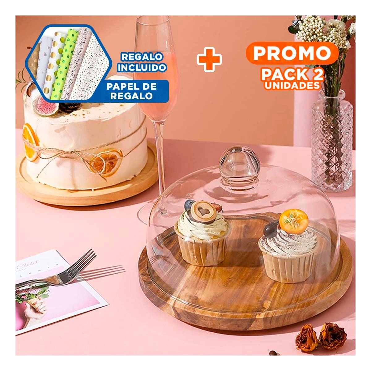 PACK2 STAND DE MADERA CON CUPULA DE VIDRIO 24CM COMODO PARA SERVIR TORTAS Y+PAPEL REGALO - 1