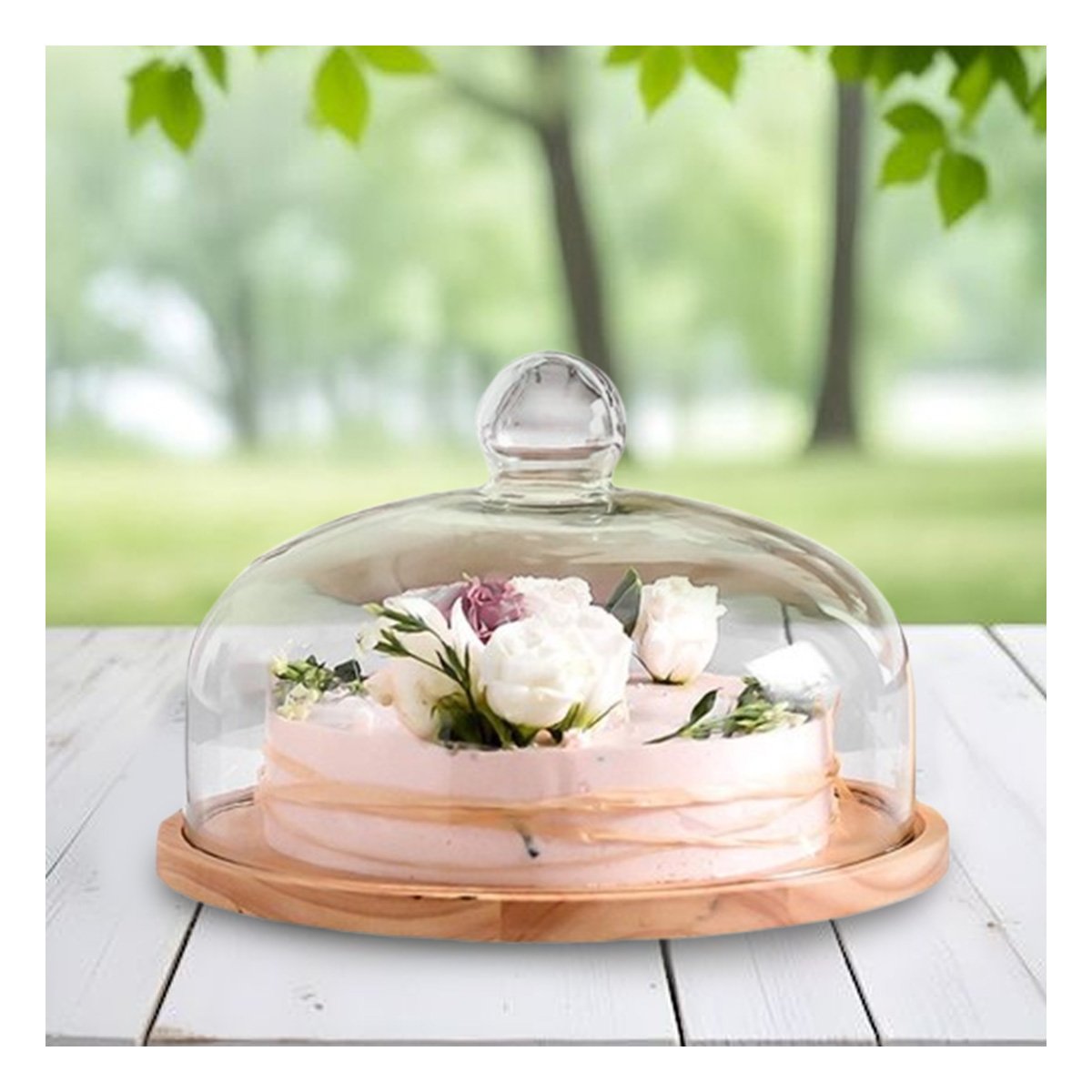 PACK2 STAND DE MADERA CON CUPULA DE VIDRIO 24CM COMODO PARA SERVIR TORTAS Y+PAPEL REGALO - 5