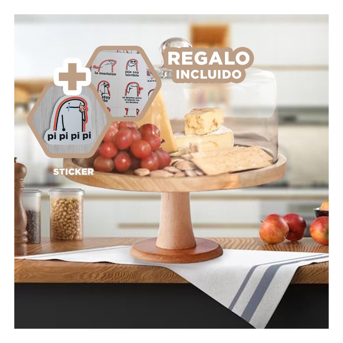 BASE DE MADERA CON CUPULA DE VIDRIO 28CM PERFECTA PARA SERVIR DULCES Y+REGALO STICKER - 1